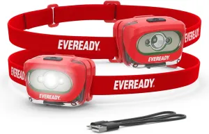 Eveready HDLLP LED Rechargeable Headlamps, 200 Lumens, 2 Pack, LED Headlamp with Red Light Option, Micro-USB Charging Cables Included