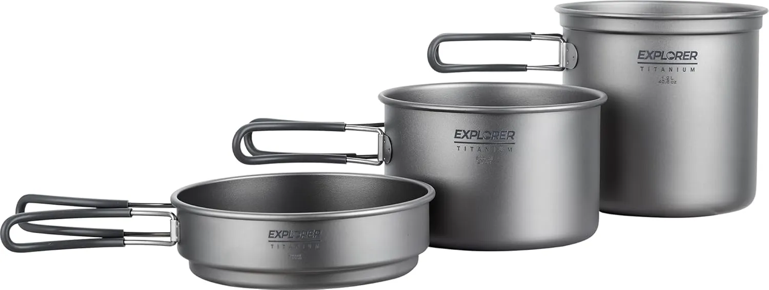 Explorer Bear Titanium Stackable Camping Cooking Pot Mess Kit Set