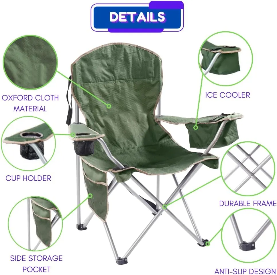 EZONE Set of 2 Camping Chairs with Built-in Ice Cooler, Portable Chair, Storage Pocket, Cup Holder, and Carry Bag Perfect for Camping, Tailgating, Fishing, Beach, and Lawn (2, Olive Green)