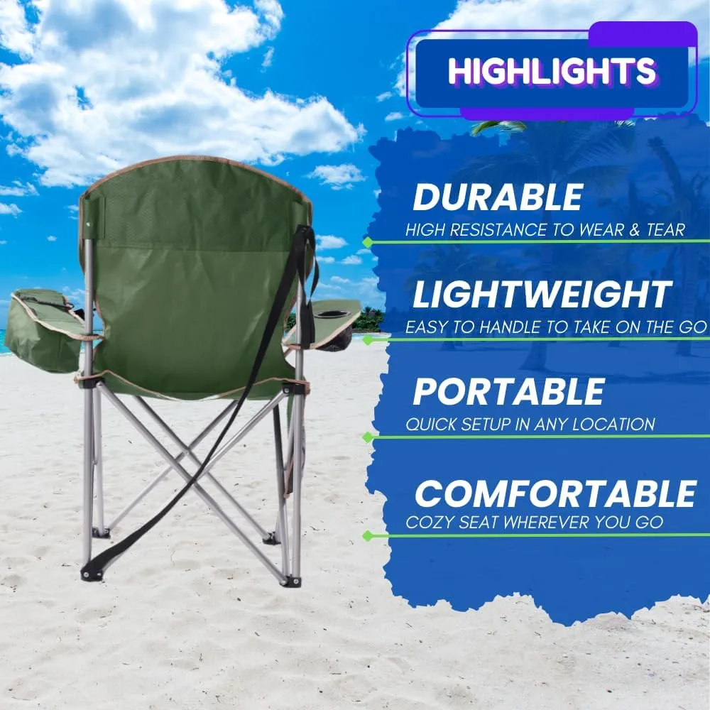 EZONE Set of 2 Camping Chairs with Built-in Ice Cooler, Portable Chair, Storage Pocket, Cup Holder, and Carry Bag Perfect for Camping, Tailgating, Fishing, Beach, and Lawn (2, Olive Green)