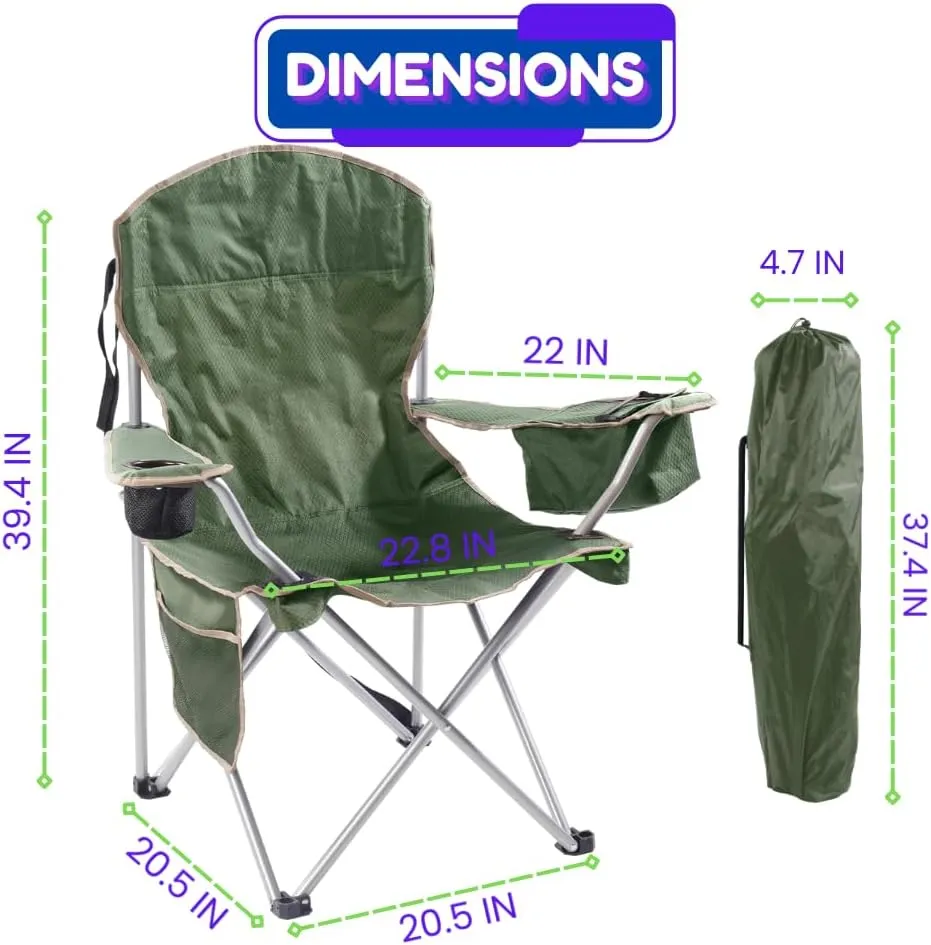 EZONE Set of 2 Camping Chairs with Built-in Ice Cooler, Portable Chair, Storage Pocket, Cup Holder, and Carry Bag Perfect for Camping, Tailgating, Fishing, Beach, and Lawn (2, Olive Green)