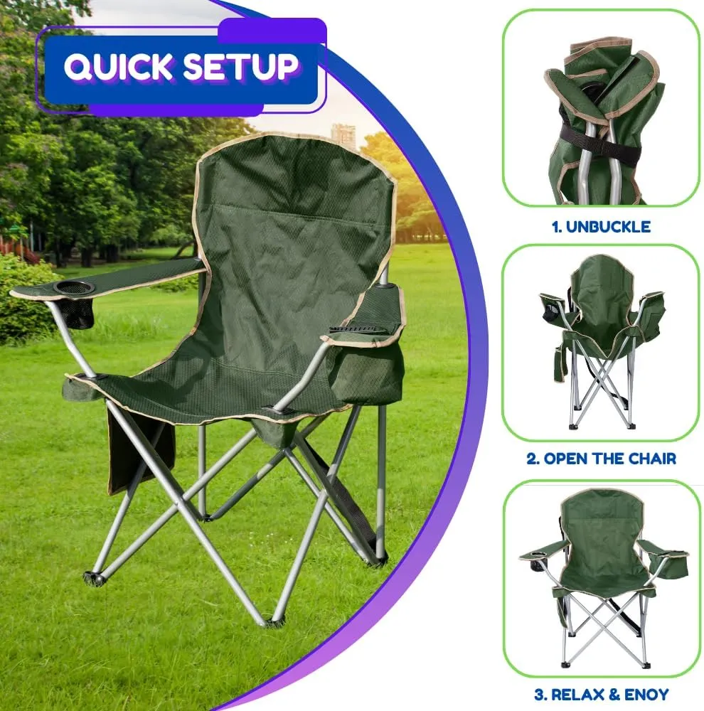 EZONE Set of 2 Camping Chairs with Built-in Ice Cooler, Portable Chair, Storage Pocket, Cup Holder, and Carry Bag Perfect for Camping, Tailgating, Fishing, Beach, and Lawn (2, Olive Green)