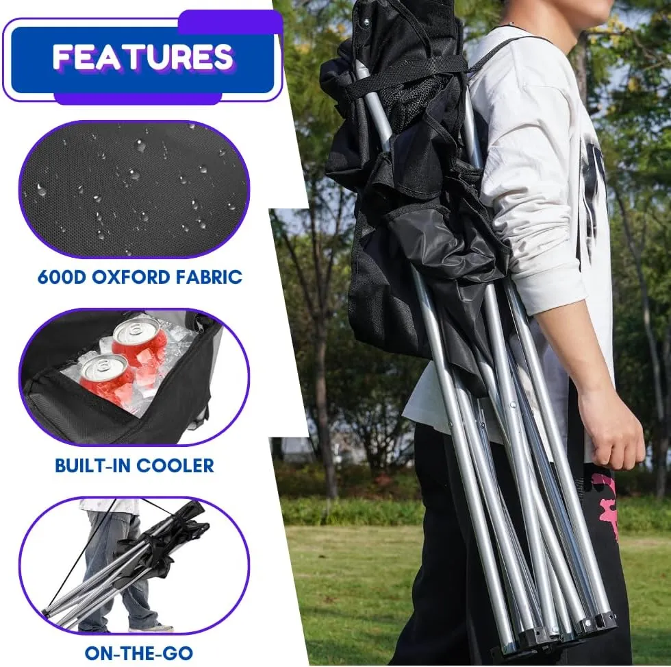 EZONE Set of 4 Camping Chairs with Built-in Ice Cooler, Portable Chair, Storage Pocket, Cup Holder, and Carry Bag Perfect for Camping, Tailgating, Fishing, Beach, and Lawn (4, Black)