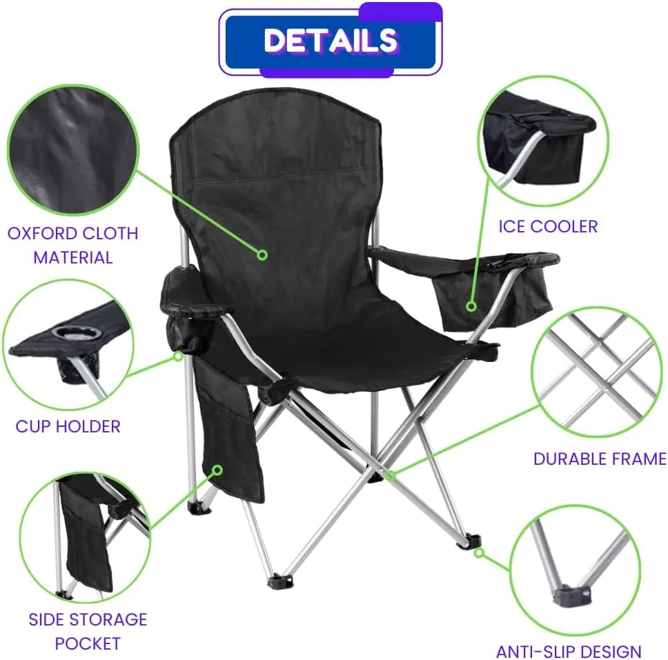 EZONE Set of 4 Camping Chairs with Built-in Ice Cooler, Portable Chair, Storage Pocket, Cup Holder, and Carry Bag Perfect for Camping, Tailgating, Fishing, Beach, and Lawn (4, Black)
