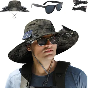 Fishing Hats with Sunglasses, Wide Brim Sun Hat with 2 Solar Fan, USB & Solar Powered Fishing Hats, Solar Fan Hats UPF 50 