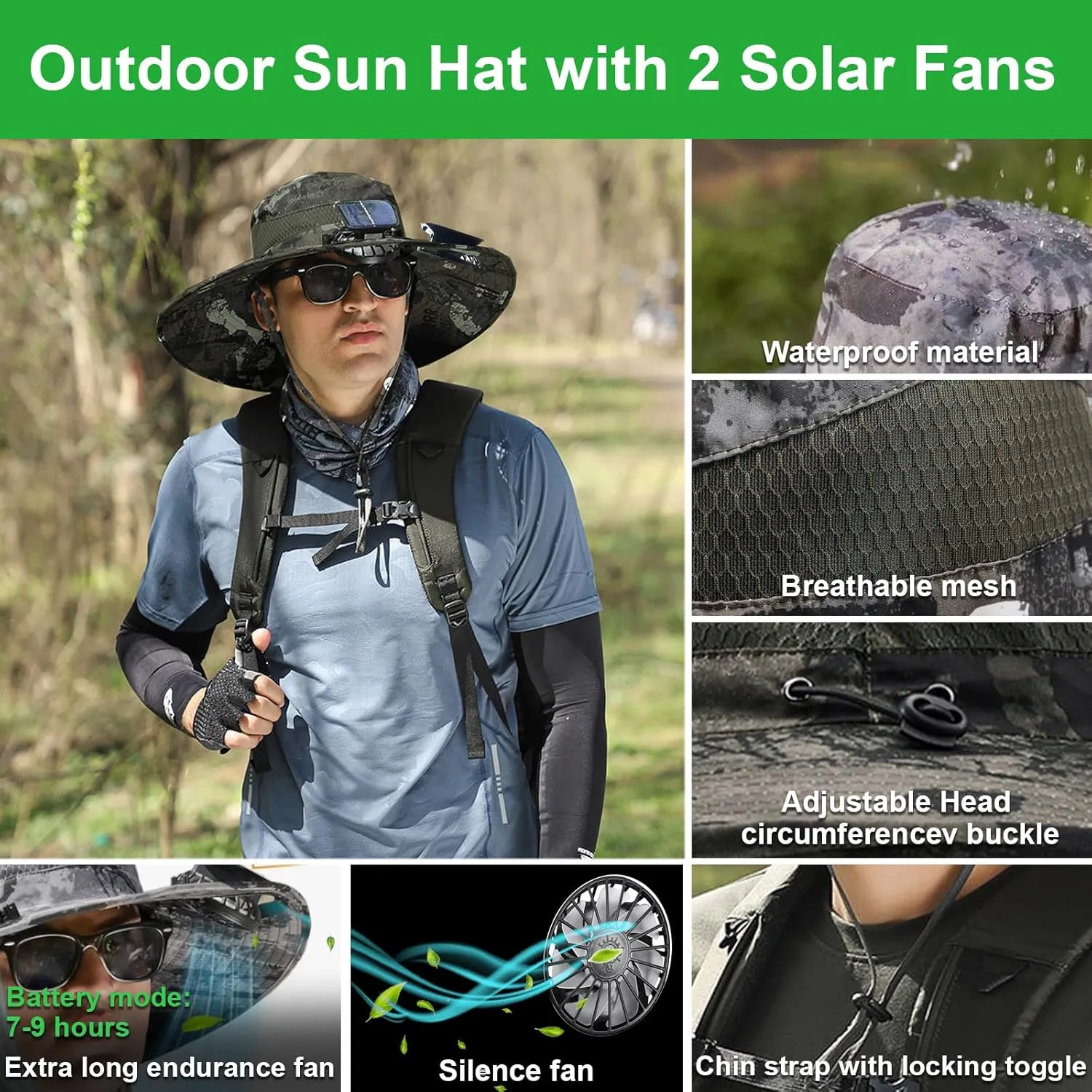 Fishing Hats with Sunglasses, Wide Brim Sun Hat with 2 Solar Fan, USB & Solar Powered Fishing Hats, Solar Fan Hats UPF 50 