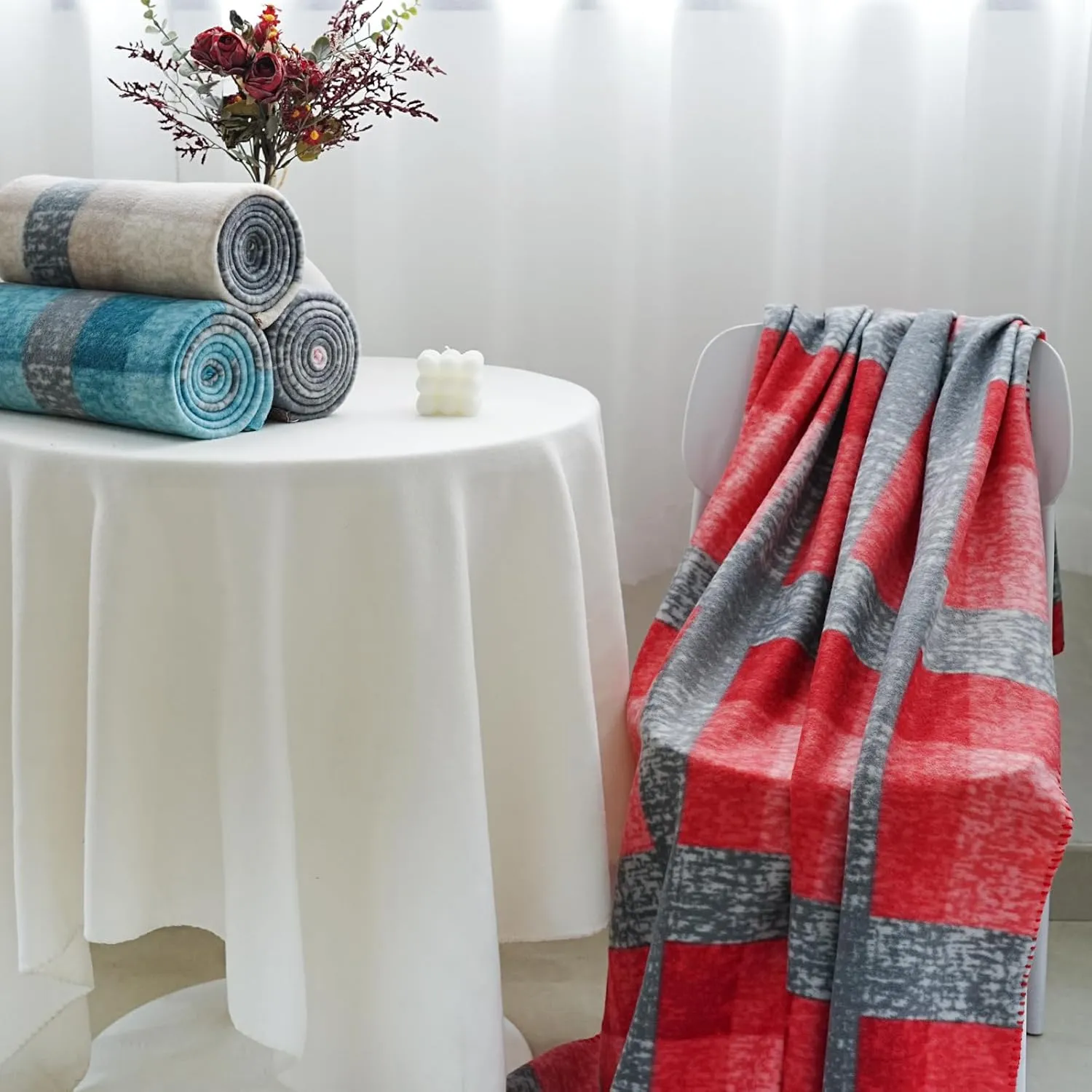 Fleece Throw Blankets Bulk Fleece Blankets Solid Wholesale Lightweight Warm Soft for Pet Bed Couch Office Gifts Travel Seasons (Pack of 6-50x60 Inches,Multiple Plaid)
