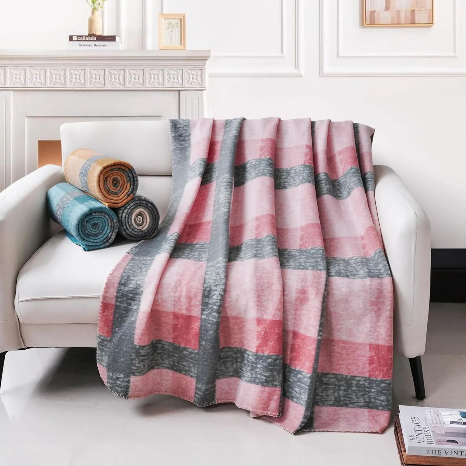 Fleece Throw Blankets Bulk Fleece Blankets Solid Wholesale Lightweight Warm Soft for Pet Bed Couch Office Gifts Travel Seasons (Pack of 6-50x60 Inches,Multiple Plaid)
