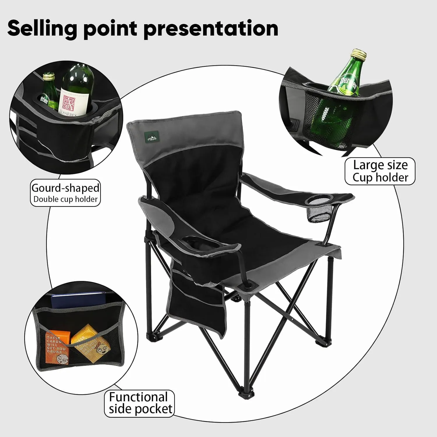 Foldable Camping Chair Heavy-Duty Outdoor Folding Chair Support Up to 300lbs for Hiking, Picnics, Patio, Beach, Fishing (Black)