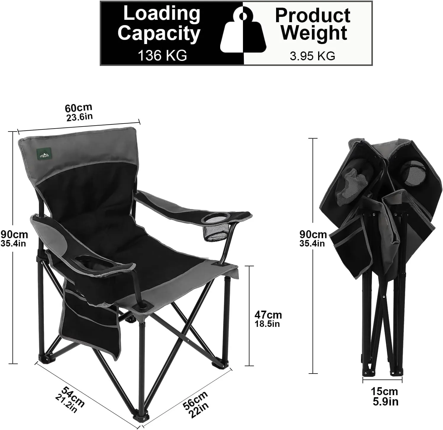 Foldable Camping Chair Heavy-Duty Outdoor Folding Chair Support Up to 300lbs for Hiking, Picnics, Patio, Beach, Fishing (Black)