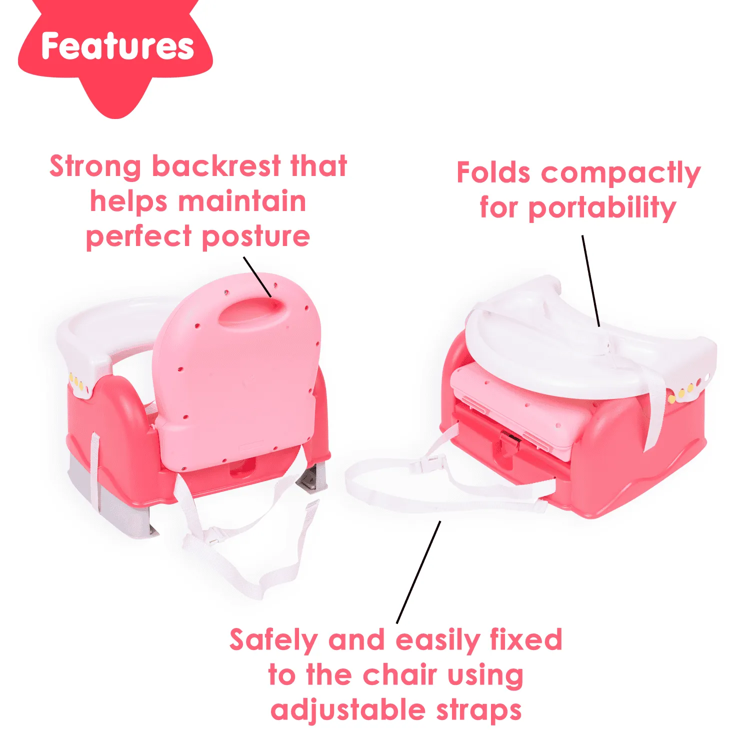 Foldable Feeding Booster Seat Adjustable Height And Food Tray Pink
