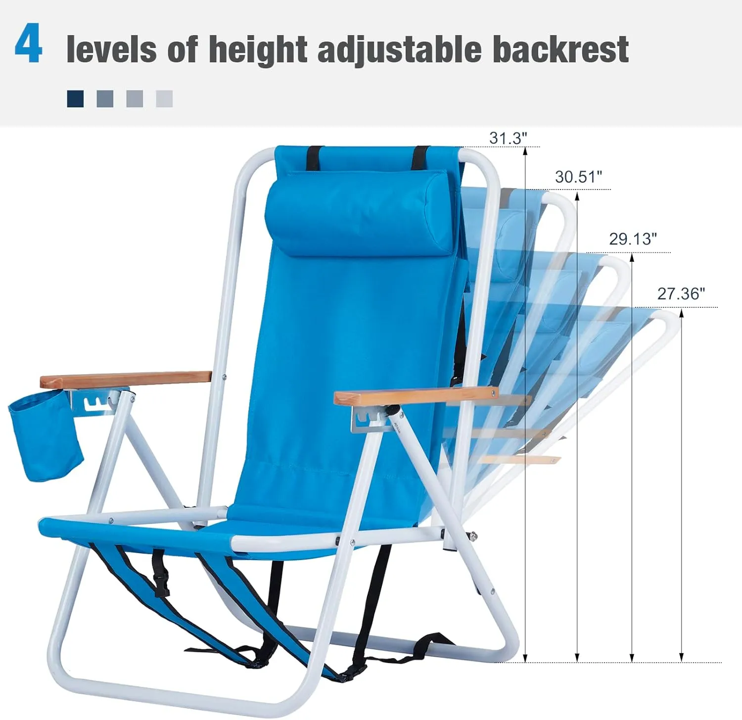 Folding Beach Chair Set of 2 - Portable 4-Position Camping Chairs with Headrest, Cup Holder & Wooden Armrests, Backpack Design for Adults, Blue