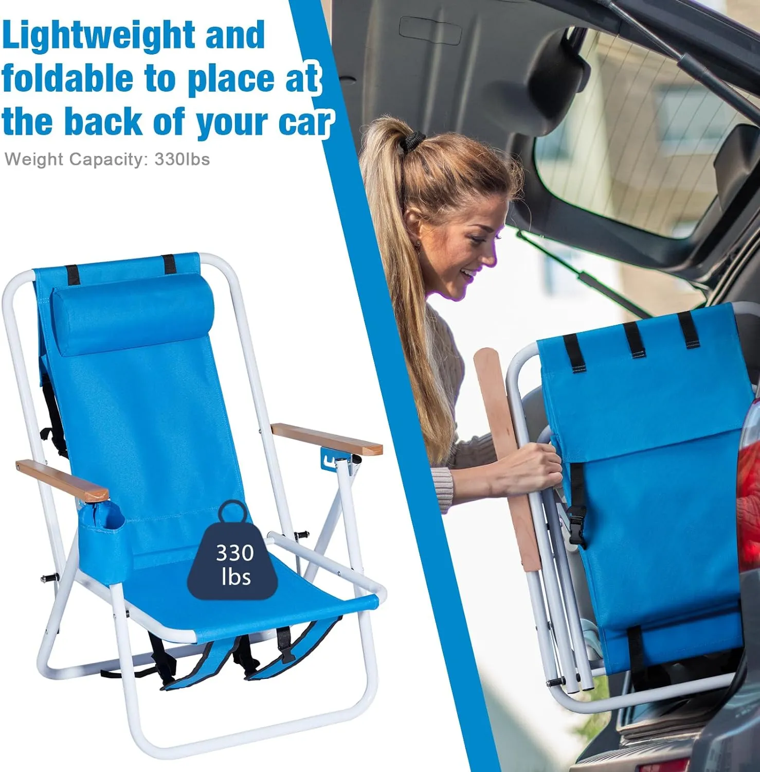 Folding Beach Chair Set of 2 - Portable 4-Position Camping Chairs with Headrest, Cup Holder & Wooden Armrests, Backpack Design for Adults, Blue