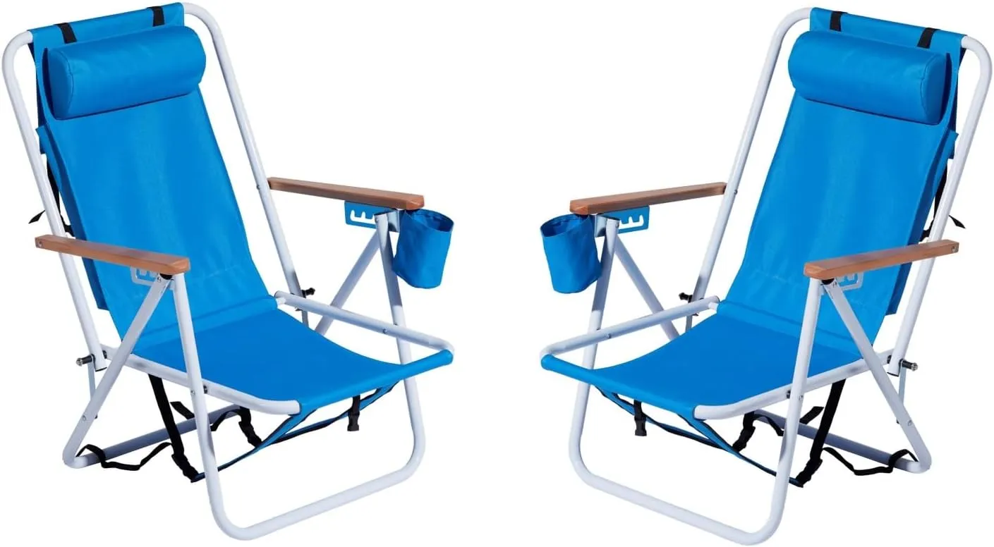 Folding Beach Chair Set of 2 - Portable 4-Position Camping Chairs with Headrest, Cup Holder & Wooden Armrests, Backpack Design for Adults, Blue