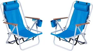 Folding Beach Chair Set of 2 - Portable 4-Position Camping Chairs with Headrest, Cup Holder & Wooden Armrests, Backpack Design for Adults, Blue