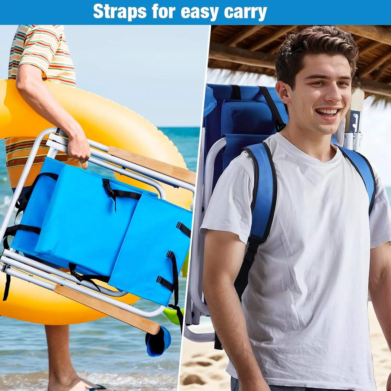 Folding Beach Chair Set of 2 - Portable 4-Position Camping Chairs with Headrest, Cup Holder & Wooden Armrests, Backpack Design for Adults, Blue