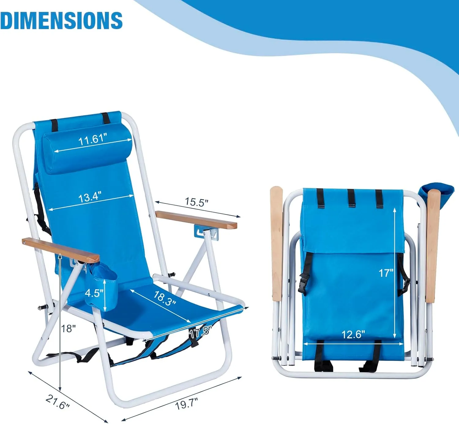 Folding Beach Chair Set of 2 - Portable 4-Position Camping Chairs with Headrest, Cup Holder & Wooden Armrests, Backpack Design for Adults, Blue