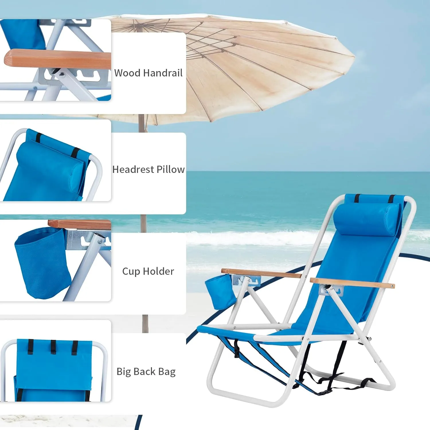 Folding Beach Chair Set of 2 - Portable 4-Position Camping Chairs with Headrest, Cup Holder & Wooden Armrests, Backpack Design for Adults, Blue