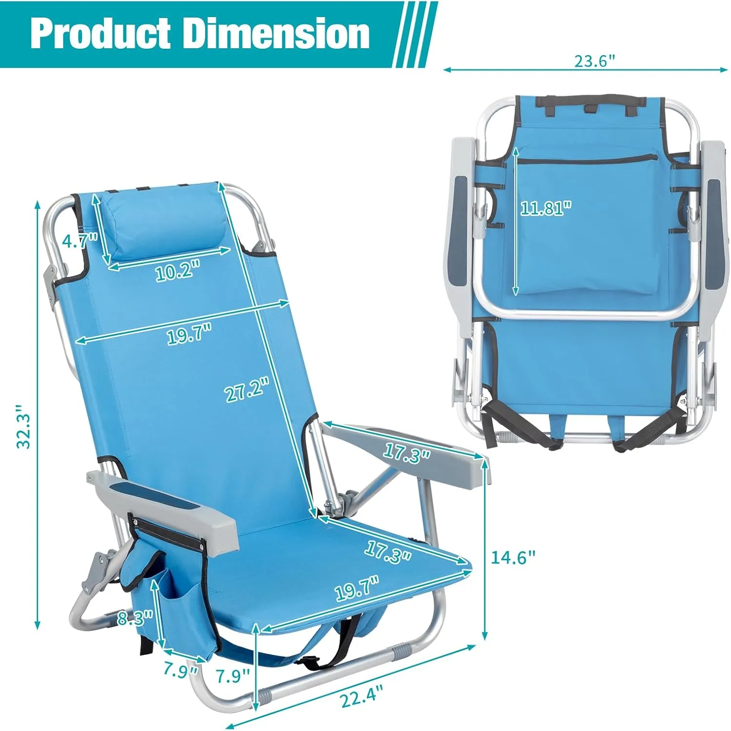 Folding Camping Chair with Adjustable Backrest and Cup Holder,Portable Backpack Outdoor Recliner Patio Lounge Chair with Headrest, Heavy Duty Steel Frame Support 350 LBS (Blue)