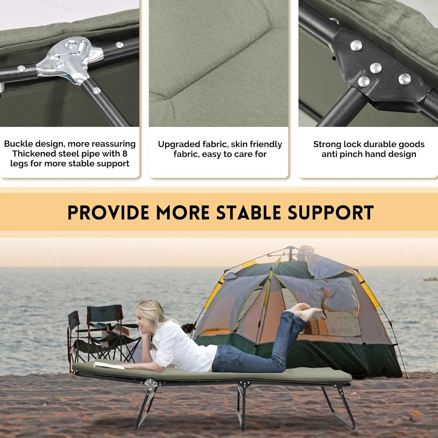 Folding Camping Cot for Adults, 5-Angle Adjustable Camping Cot Heavy Duty Outdoor Bed with Carry Bag,1200 D Layer Oxford Travel Camp Cots (Green)
