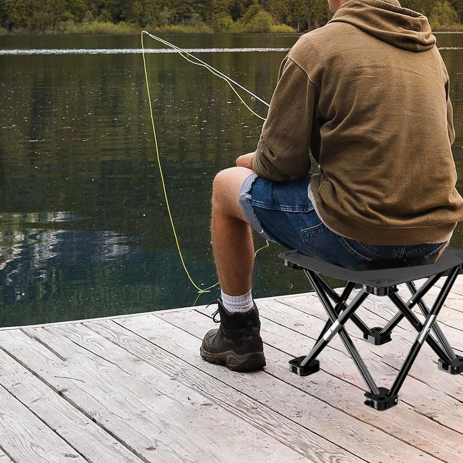 Folding Camping Stool Footstool Multipurpose with Side Pocket Small Foldable Chair for Park Outdoor Camping Travel Picnic, Black, 33cmx33cmx32cm