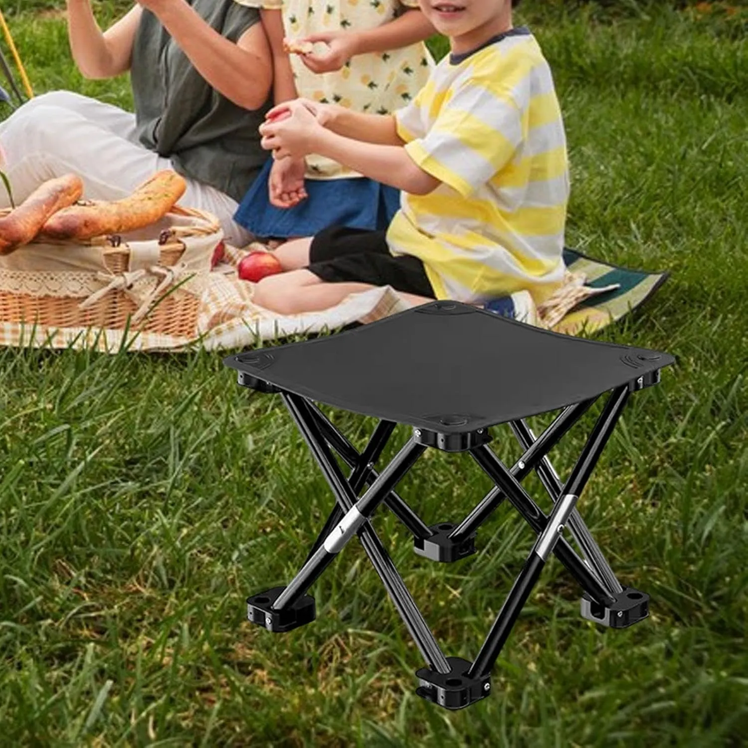 Folding Camping Stool Footstool Multipurpose with Side Pocket Small Foldable Chair for Park Outdoor Camping Travel Picnic, Black, 33cmx33cmx32cm
