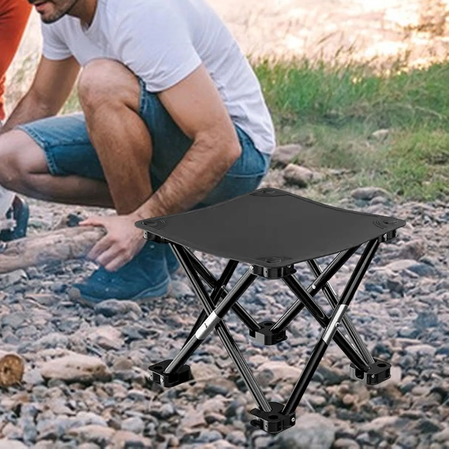 Folding Camping Stool Footstool Multipurpose with Side Pocket Small Foldable Chair for Park Outdoor Camping Travel Picnic, Black, 33cmx33cmx32cm