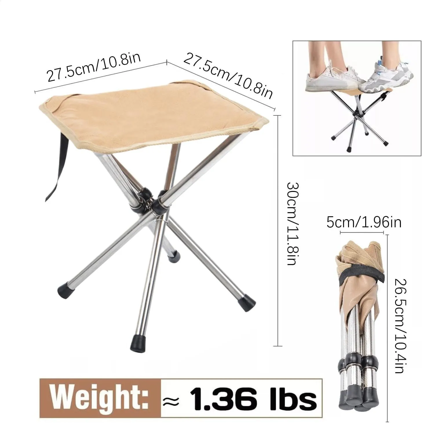 Folding Camping Stool, Portable Outdoor Chair, 27.5inch Stainless Steel Bracket, Compact Design, Lightweight Fishing Seat for Outdoor Gardening & Fishing Use