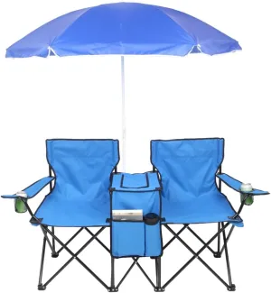 Folding Double Camping Chair w/Umbrella Beverage Holder Carrying Bag Cooler Fold Up Table, Portable Beach Chair for Camping, Picnic, Fishing, Beach (Blue)