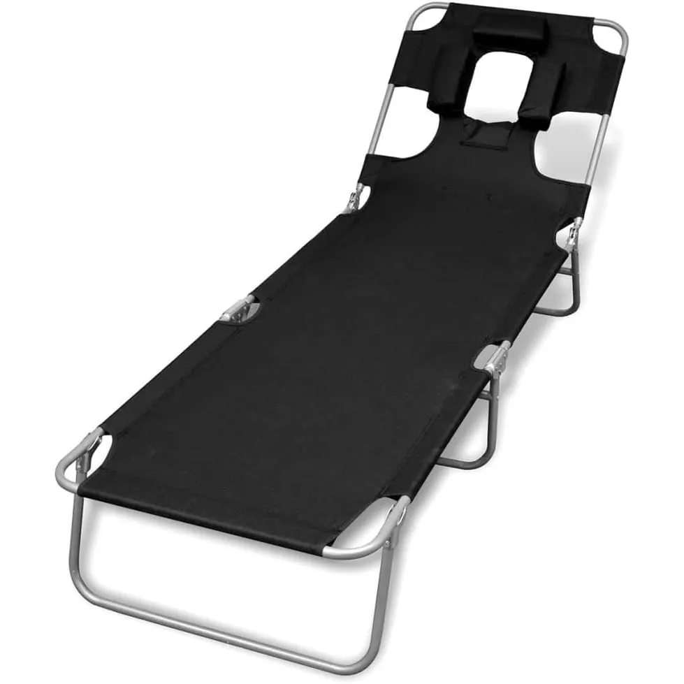 Folding Sun Lounger with Head Cushion and Adjustable Backrest Blue