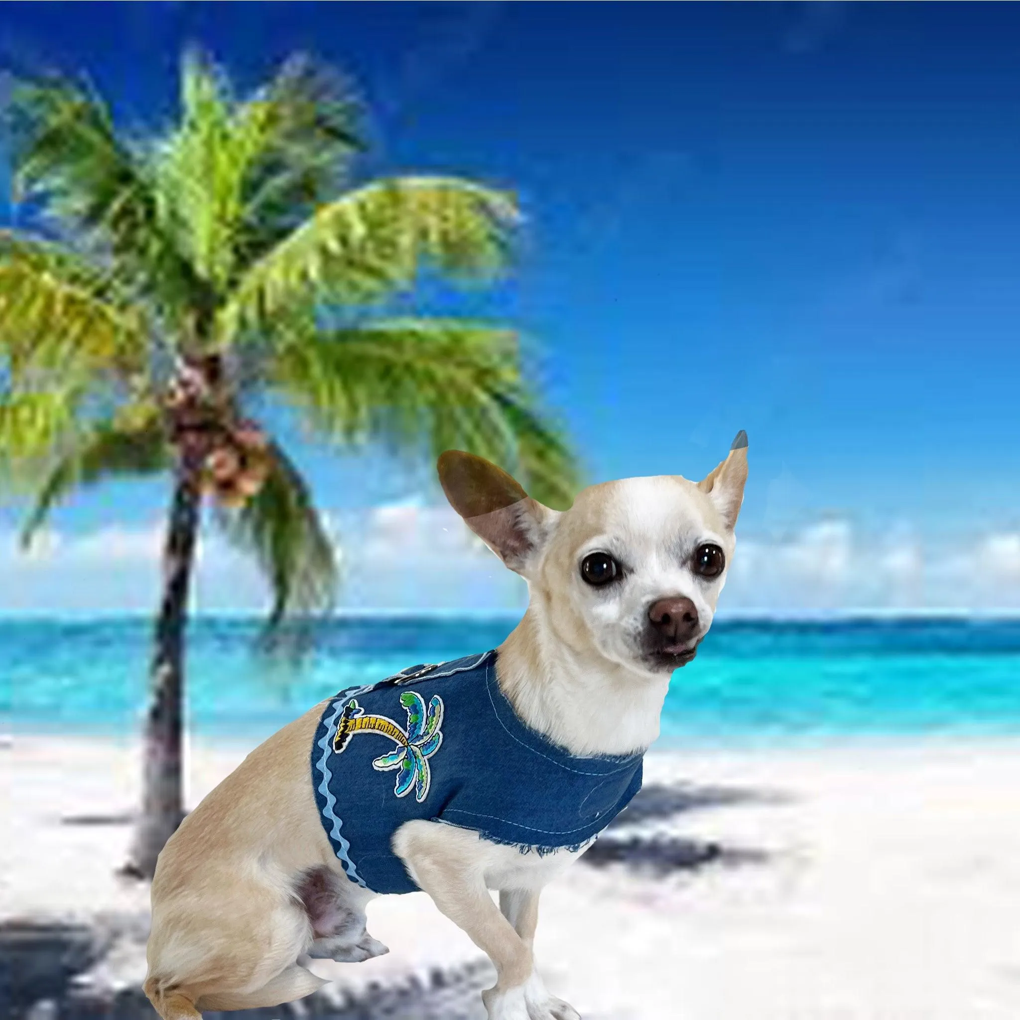 Frayed Denim Blue Palm Tree Dog Vest Harness
