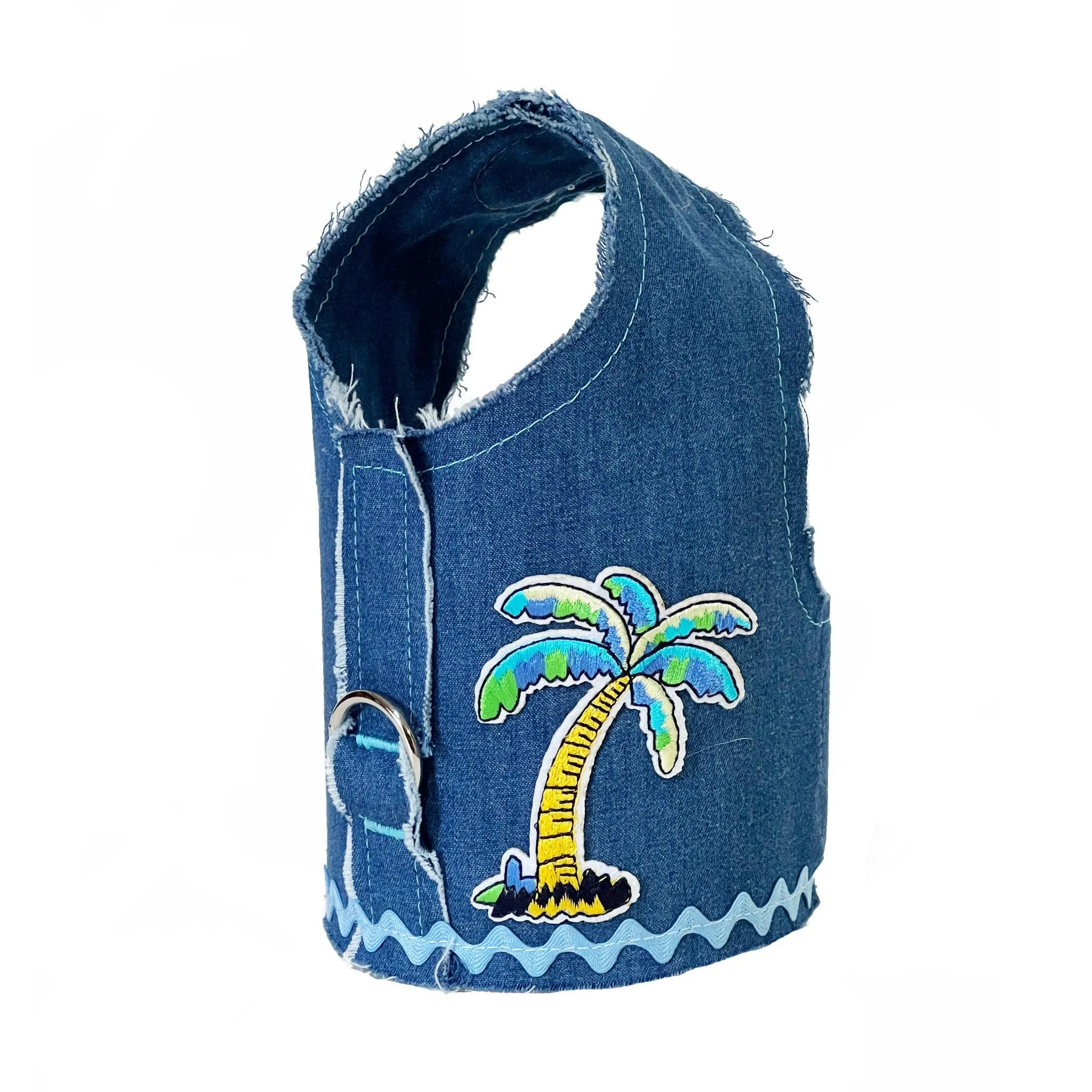 Frayed Denim Blue Palm Tree Dog Vest Harness