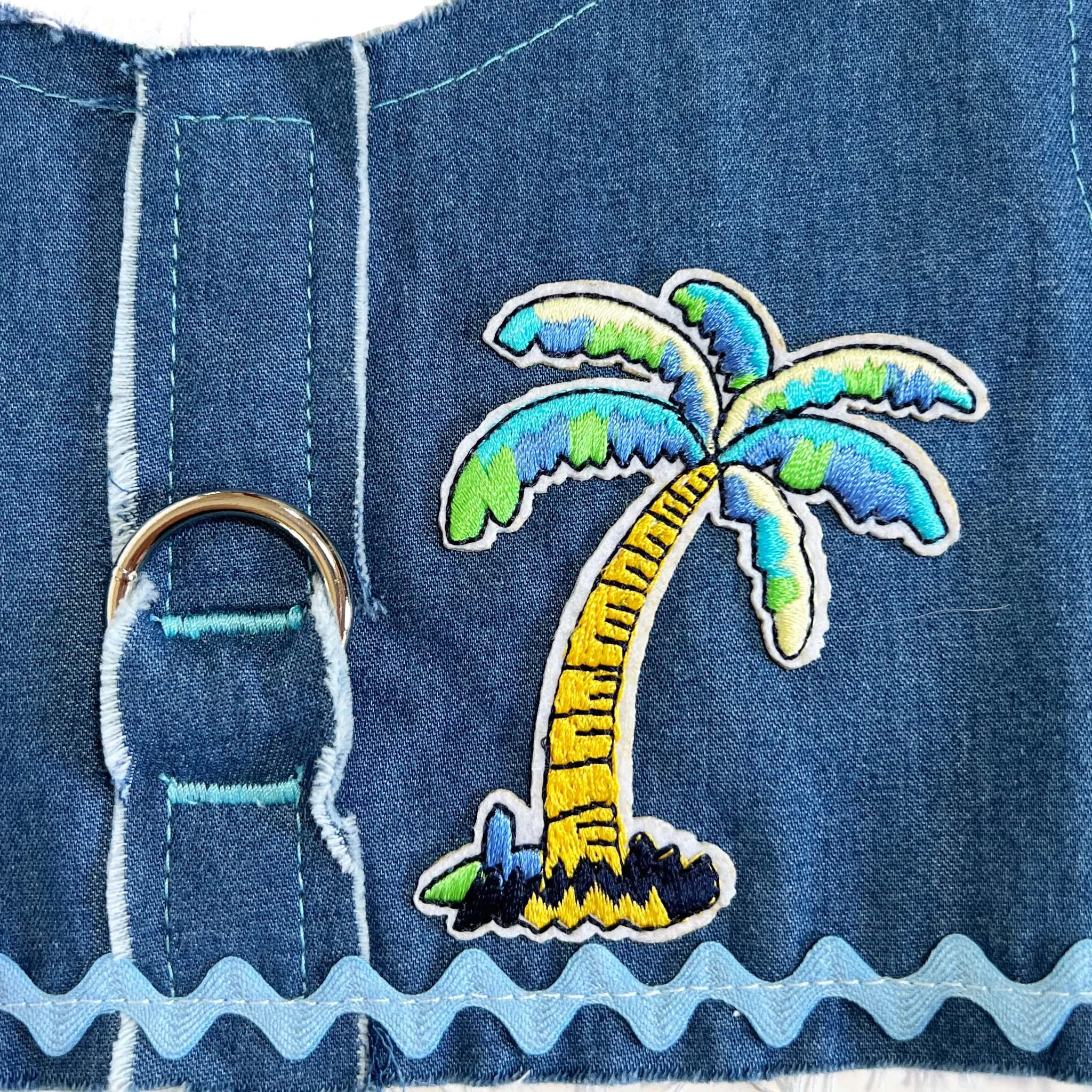Frayed Denim Blue Palm Tree Dog Vest Harness