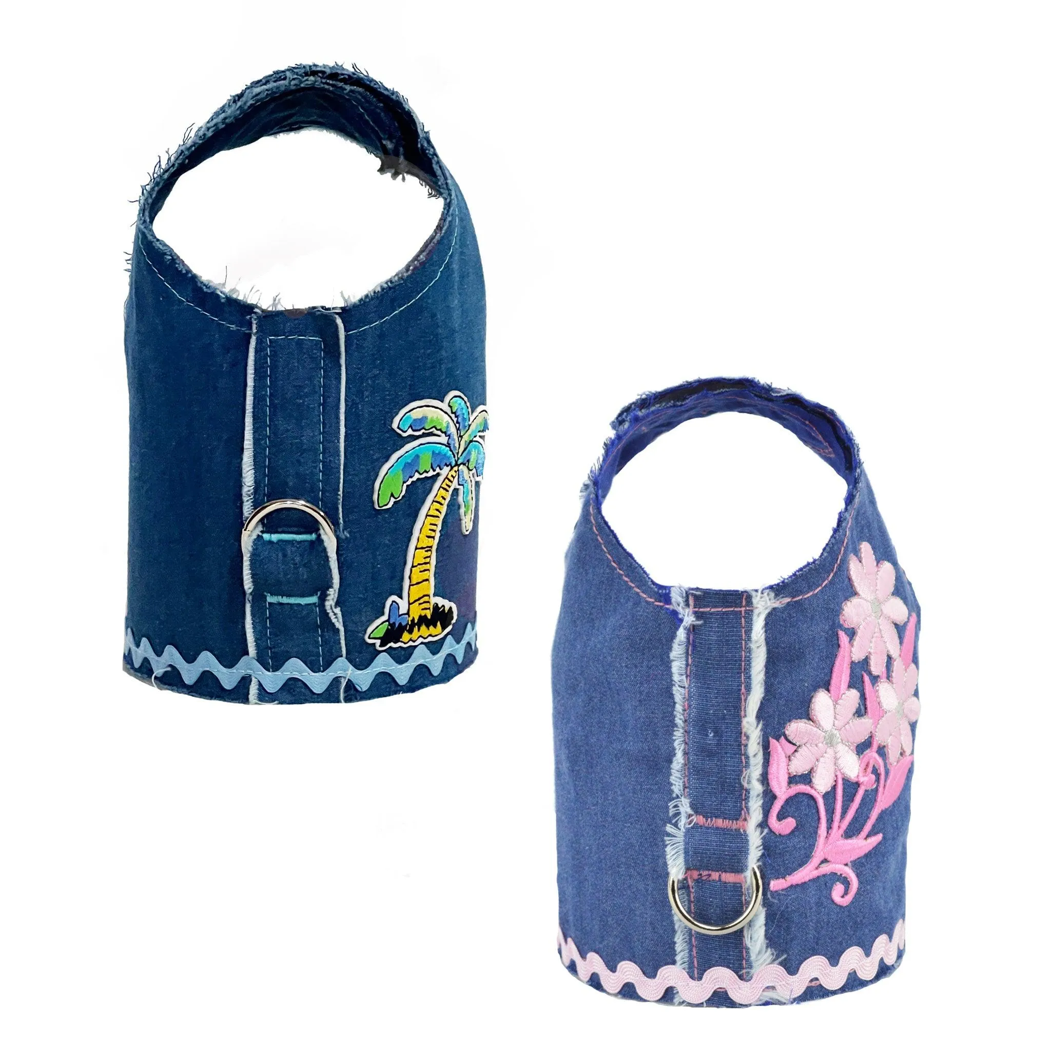 Frayed Denim Blue Palm Tree Dog Vest Harness