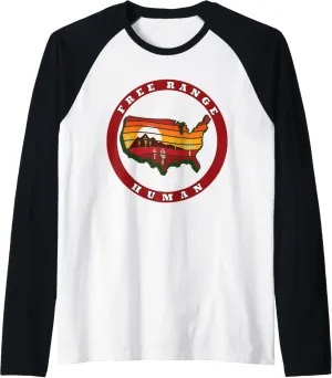 Free Range Human Mountain Hiking Nomad Camping Adventure Raglan Baseball Tee