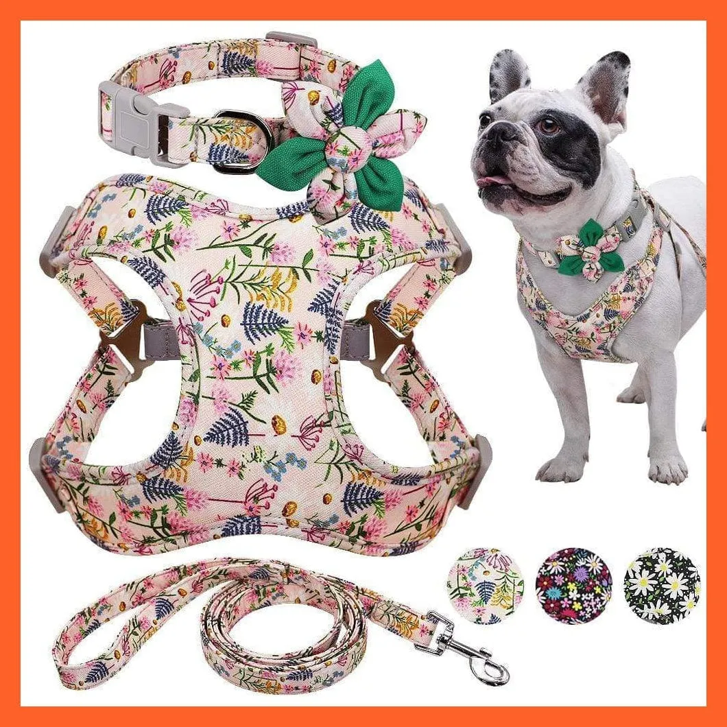 French Bulldog Harness Leash And Collar Set | Printed Dog Harness Vest Leash Collar Set