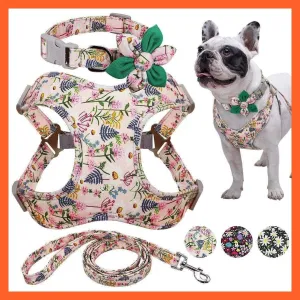 French Bulldog Harness Leash And Collar Set | Printed Dog Harness Vest Leash Collar Set