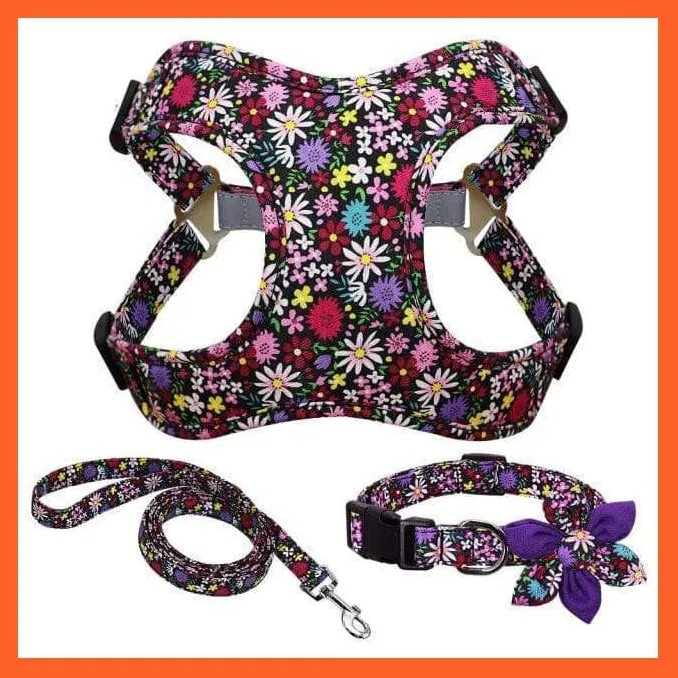 French Bulldog Harness Leash And Collar Set | Printed Dog Harness Vest Leash Collar Set