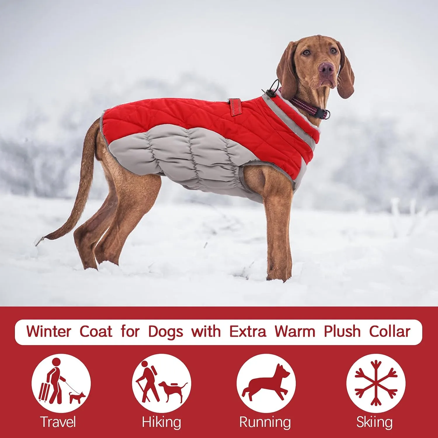 FUAMEY Dog Coat - Warm Winter Jacket with Padded Fleece, Reflective, Waterproof & Windproof, Built-in Harness, Red, Medium