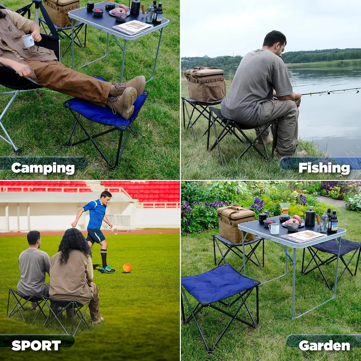 FUNDANGO Folding Camping Stool, 2 Pack 18.1 Inch Oversized Foot Stools 330 Lbs Heavy Duty Portable Padded Seat Anti-Slip Foots & Carry Bag for Fishing Outdoor Lawn Travel (Blue)