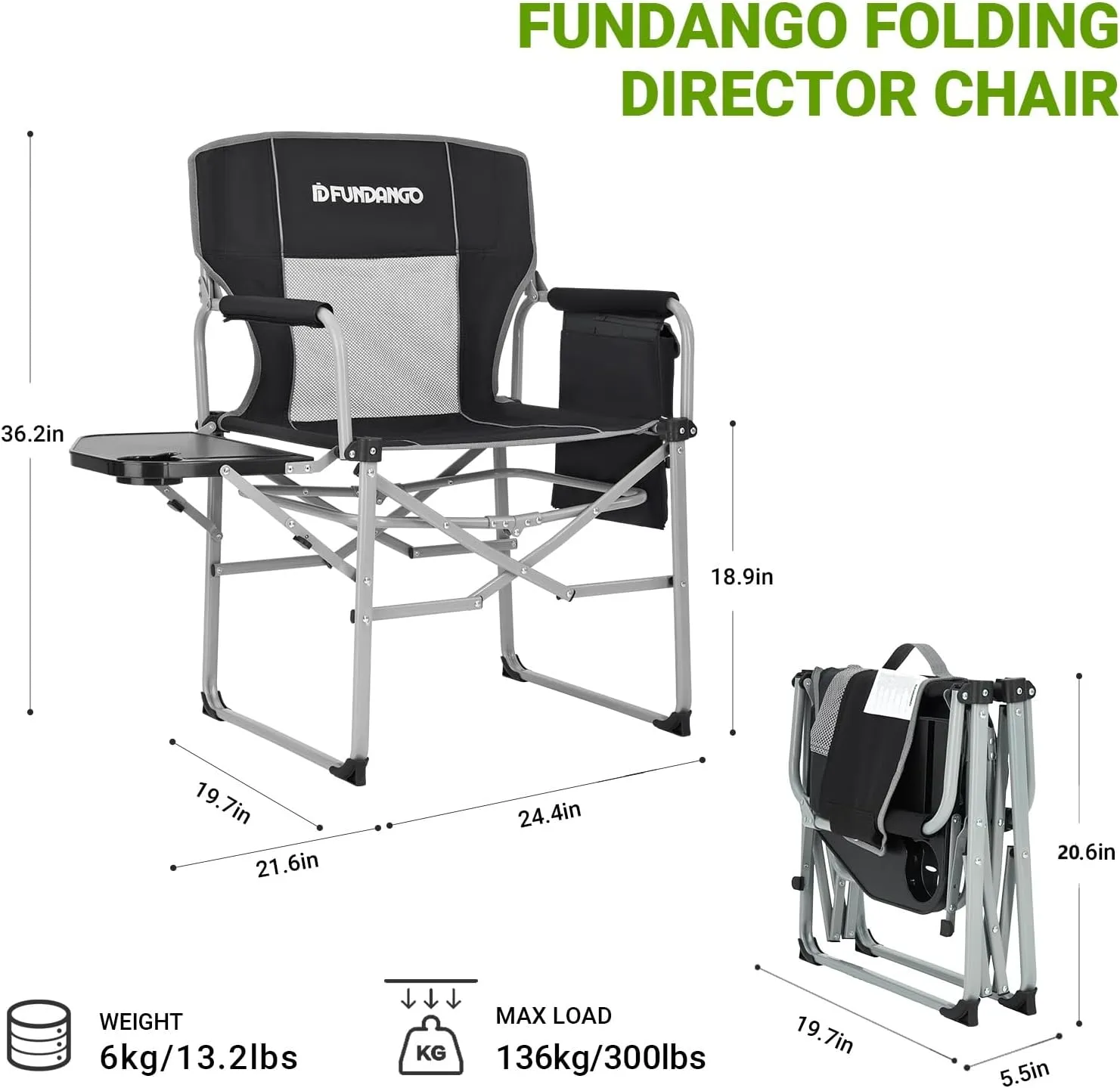 FUNDANGO Rocking Camping Chair for Adults, Oversized Portable Rocking Chair Outdoor Folding with Cooler and Side Pocket for Outside, Backyard, Patio, Lawn, Garden