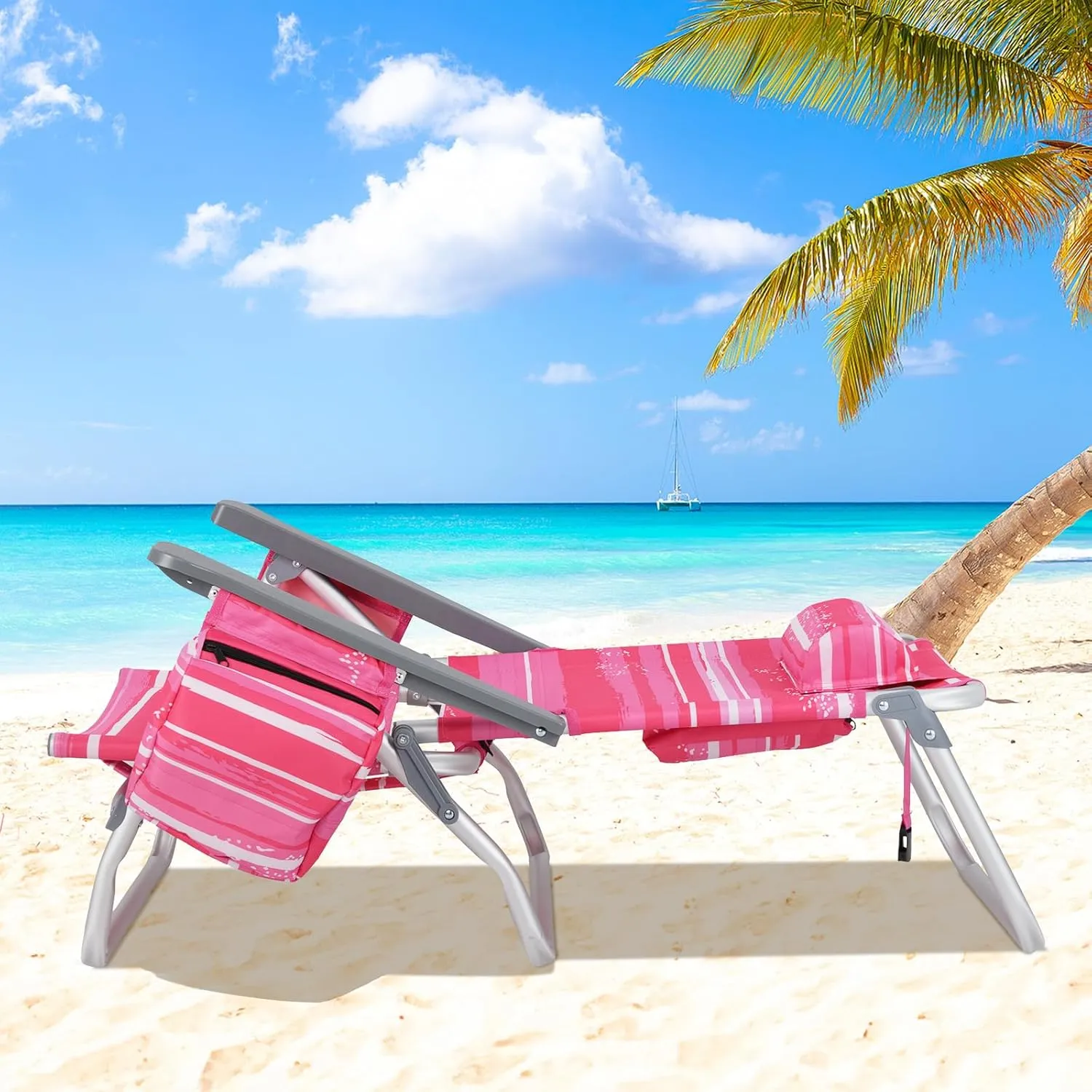 Giantex Folding Beach Chair, Patio Sling Chairs with 5 Adjustable Position, Head Pillow, Storage Bag, Towel Bar, Cup Holders, Backpack Chairs for Sunbathing, Camping Chair