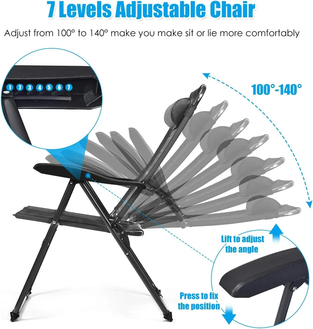 Giantex Set of 2 Patio Dining Chairs, Folding Lounge Chairs with 7 Level Adjustable Backrest, Headrest, 300 Lbs Capacity, Outdoor Portable Chairs with Metal Frame (2, Gray)