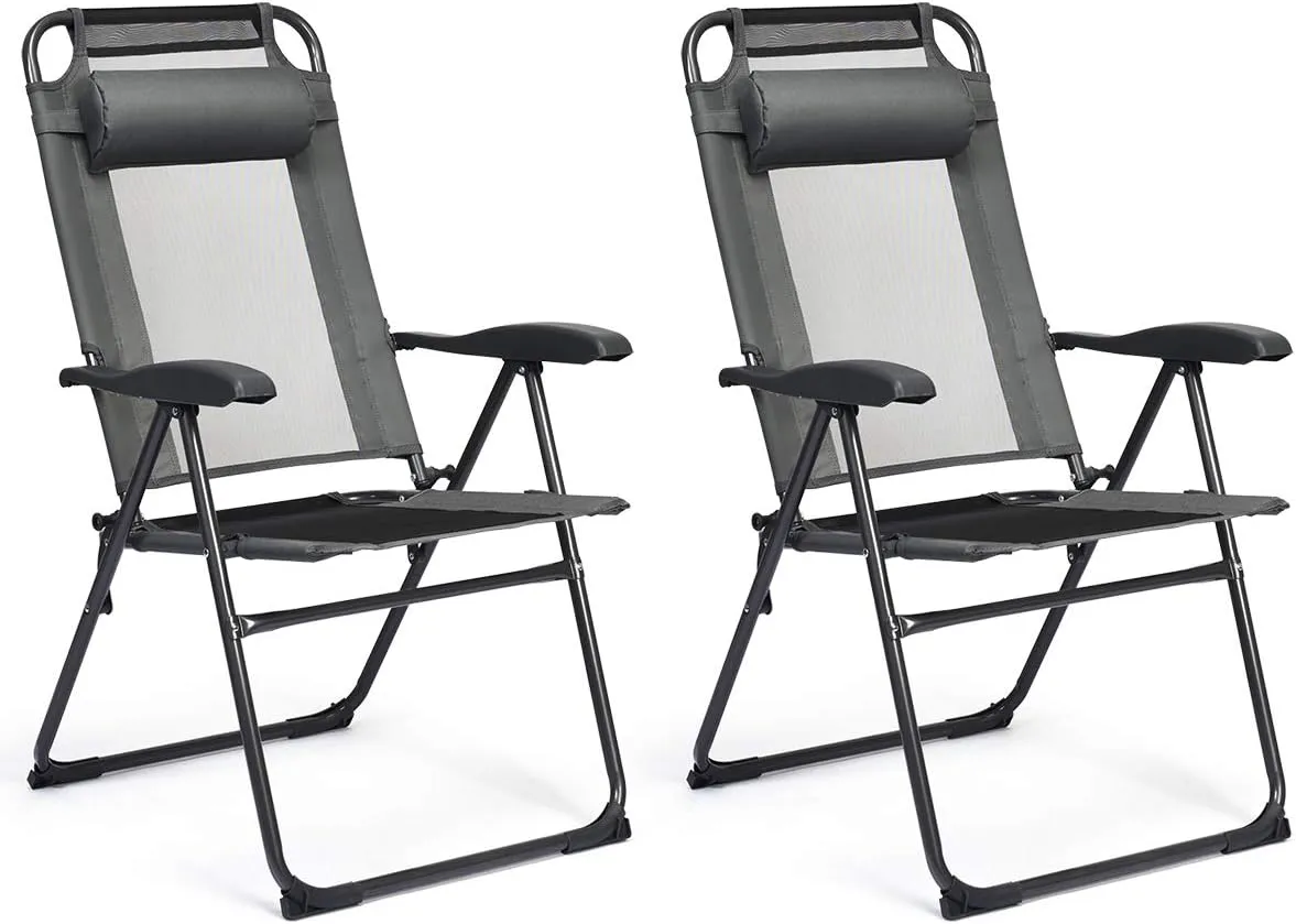 Giantex Set of 2 Patio Dining Chairs, Folding Lounge Chairs with 7 Level Adjustable Backrest, Headrest, 300 Lbs Capacity, Outdoor Portable Chairs with Metal Frame (2, Gray)