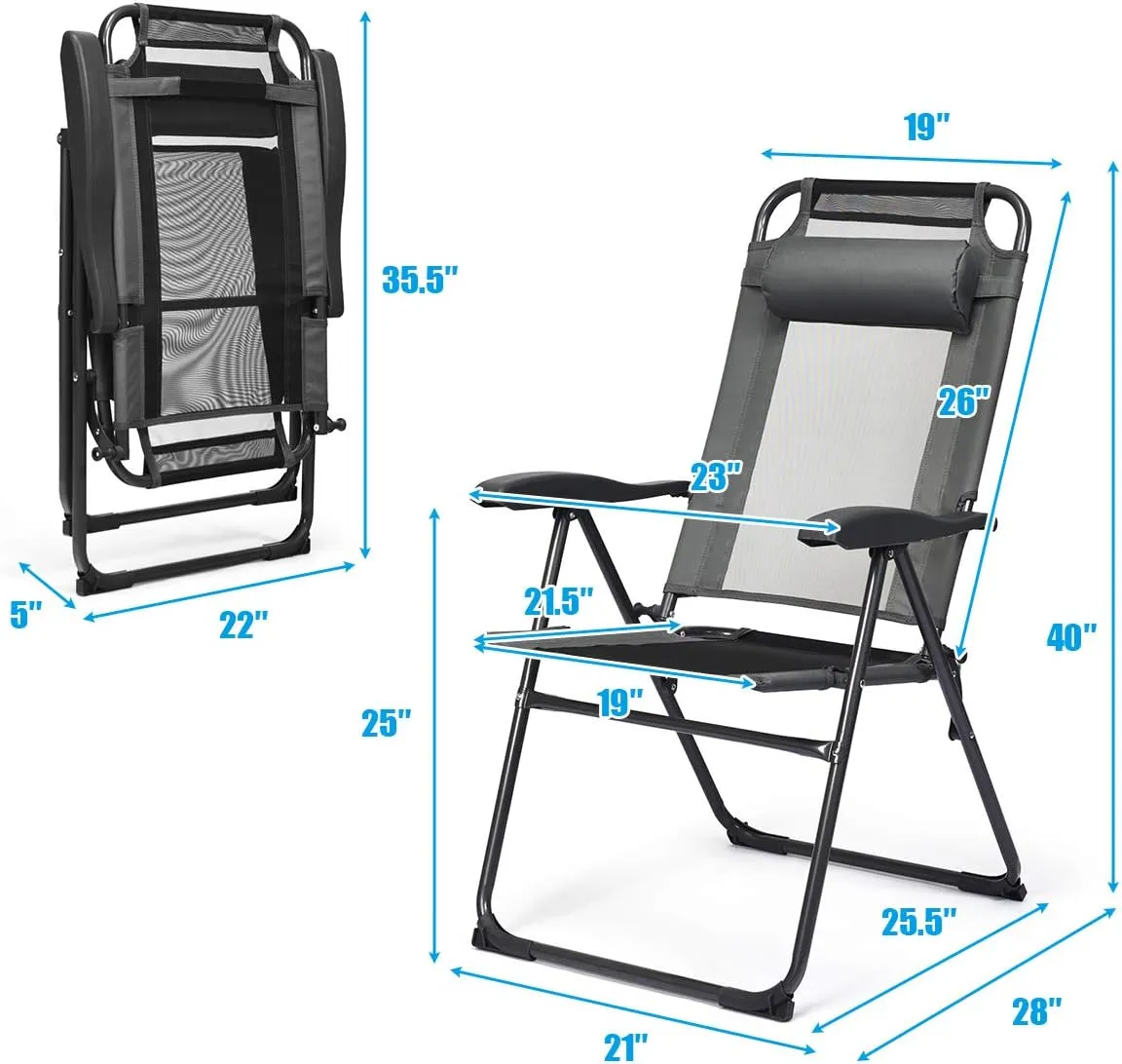 Giantex Set of 2 Patio Dining Chairs, Folding Lounge Chairs with 7 Level Adjustable Backrest, Headrest, 300 Lbs Capacity, Outdoor Portable Chairs with Metal Frame (2, Gray)