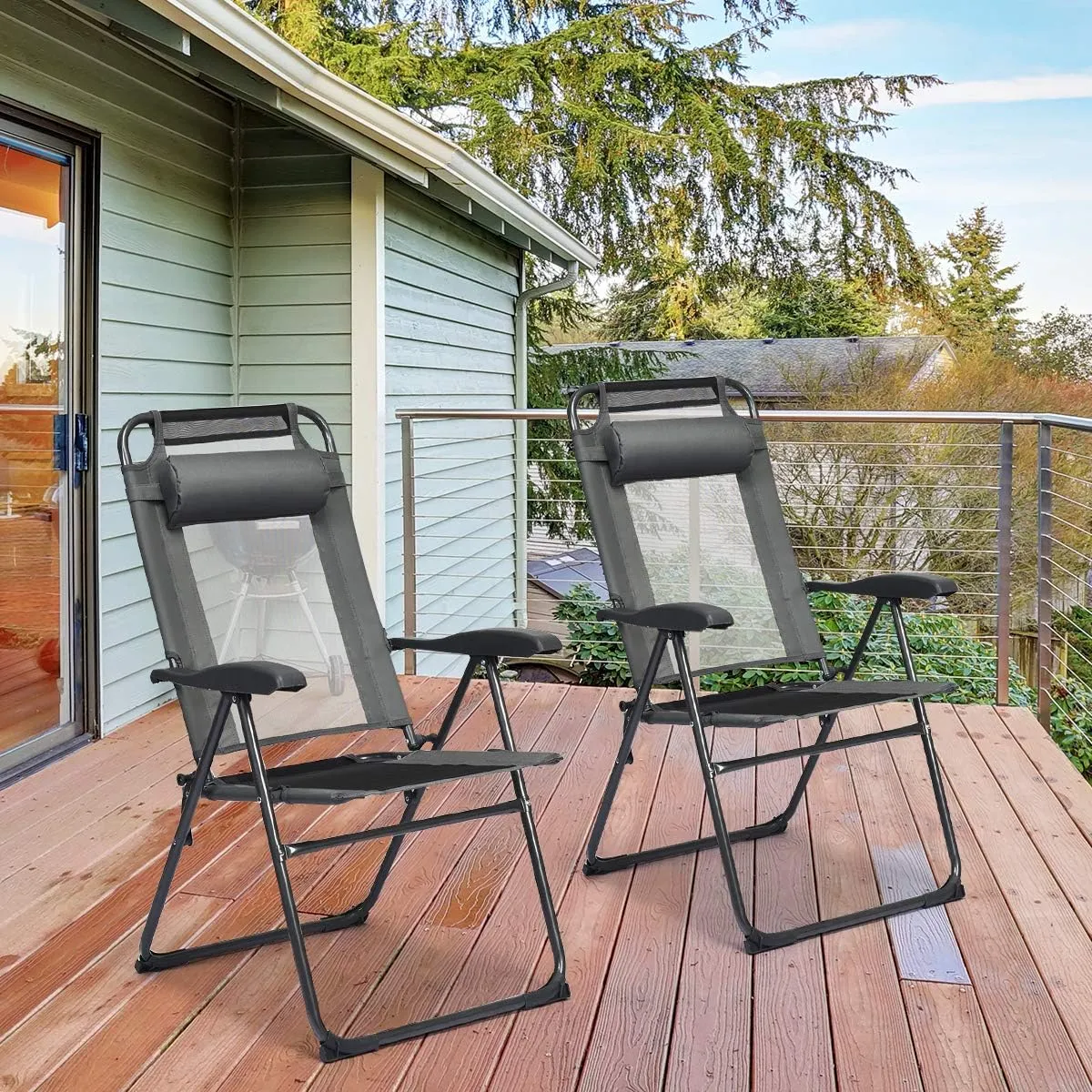 Giantex Set of 2 Patio Dining Chairs, Folding Lounge Chairs with 7 Level Adjustable Backrest, Headrest, 300 Lbs Capacity, Outdoor Portable Chairs with Metal Frame (2, Gray)