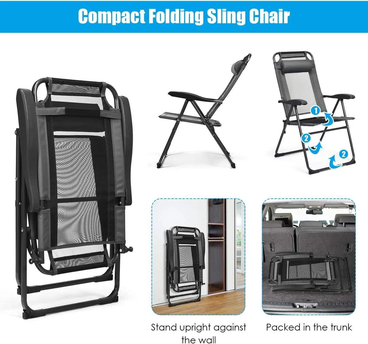 Giantex Set of 2 Patio Dining Chairs, Folding Lounge Chairs with 7 Level Adjustable Backrest, Headrest, 300 Lbs Capacity, Outdoor Portable Chairs with Metal Frame (2, Gray)