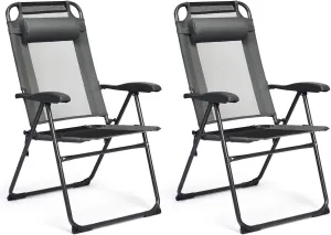 Giantex Set of 2 Patio Dining Chairs, Folding Lounge Chairs with 7 Level Adjustable Backrest, Headrest, 300 Lbs Capacity, Outdoor Portable Chairs with Metal Frame (2, Gray)