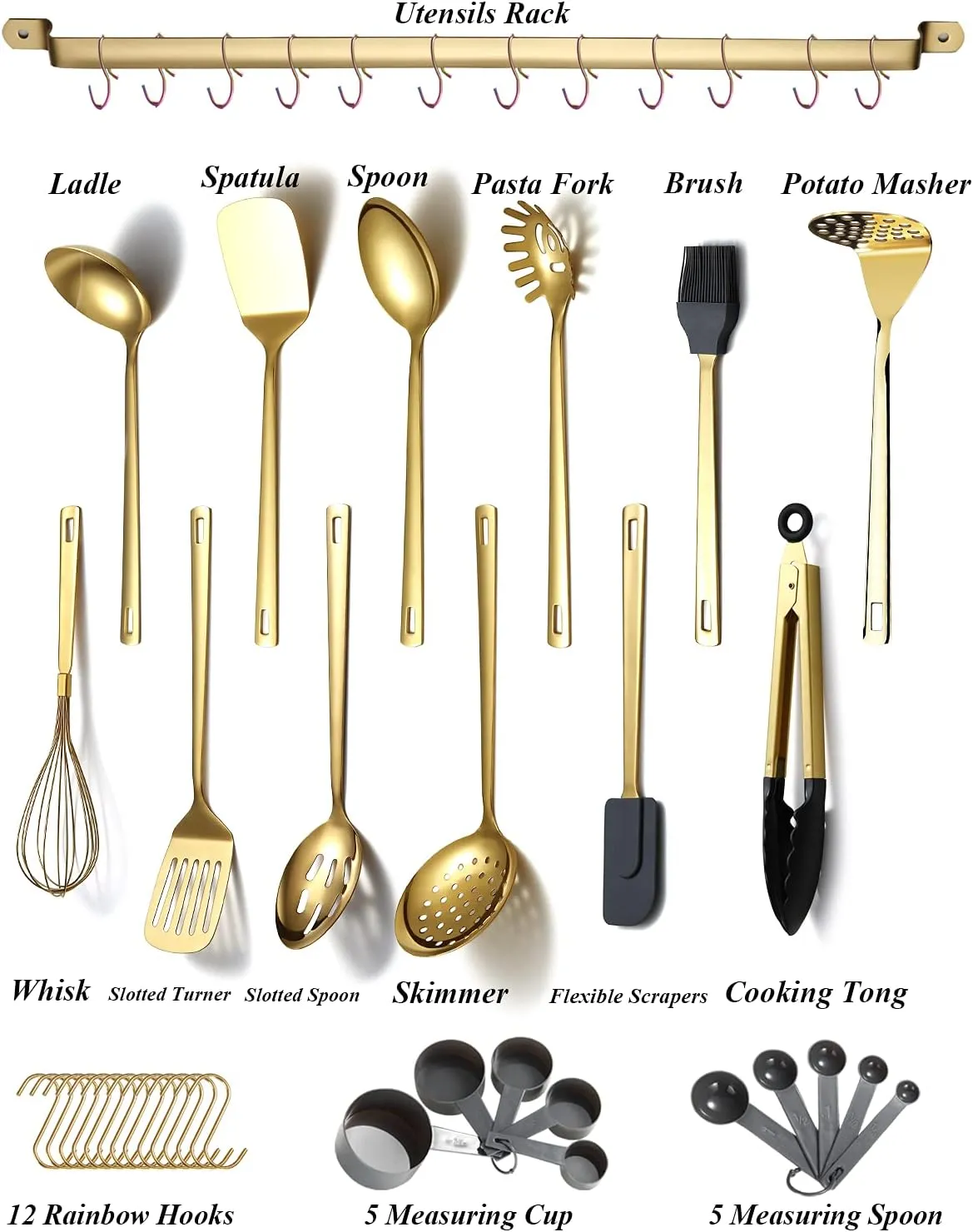 Gold Cooking Utensils Set, Kyraton Stainless Steel 37 Pieces Kitchen Utensils Set with Titanium Gold Plating, Kitchen Gadgets Tool Set with Utensils Racks Heat Resistant Dishwasher Safe