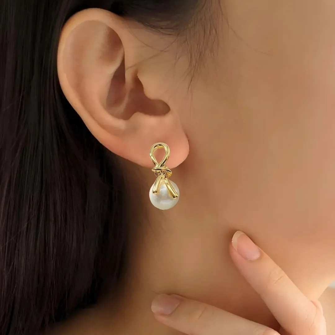 Gold Knot Lustrous Pearl Drop Earrings